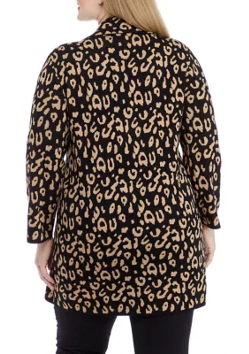 Plus Long Sleeve Notch Collar Leopard Coatigan