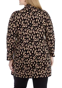 Plus Long Sleeve Notch Collar Leopard Coatigan