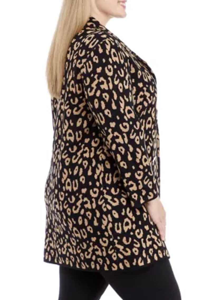 Plus Long Sleeve Notch Collar Leopard Coatigan