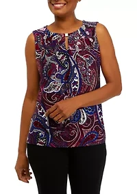 Petite Sleeveless Pleated Printed Top