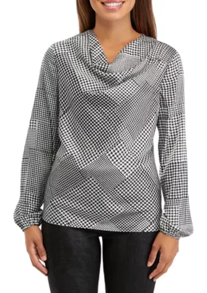 Petite Long Sleeve Cowl Neck Printed Satin Blouse