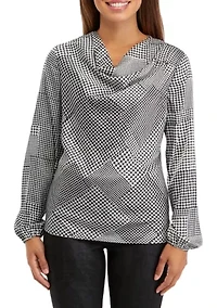 Petite Long Sleeve Cowl Neck Printed Satin Blouse