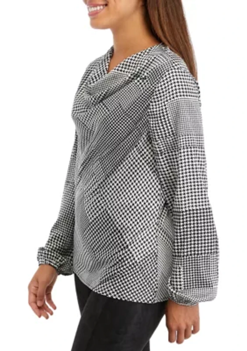 Petite Long Sleeve Cowl Neck Printed Satin Blouse