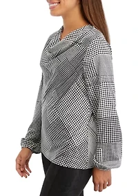 Petite Long Sleeve Cowl Neck Printed Satin Blouse