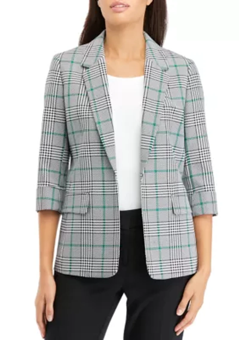 Petite 3/4 Sleeve Open Front Plaid Jacket with Flap Pockets