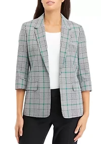 Petite 3/4 Sleeve Open Front Plaid Jacket with Flap Pockets