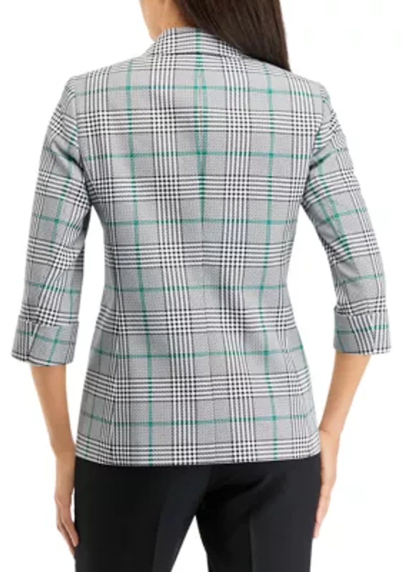Petite 3/4 Sleeve Open Front Plaid Jacket with Flap Pockets