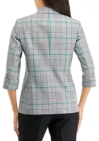 Petite 3/4 Sleeve Open Front Plaid Jacket with Flap Pockets