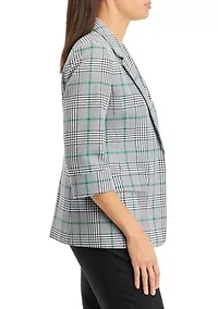 Petite 3/4 Sleeve Open Front Plaid Jacket with Flap Pockets