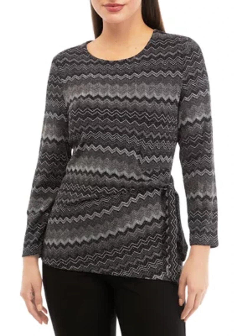 Petite Long Sleeve Side Knot Chevron Print Knit Top