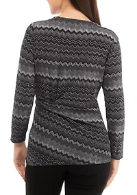 Petite Long Sleeve Side Knot Chevron Print Knit Top