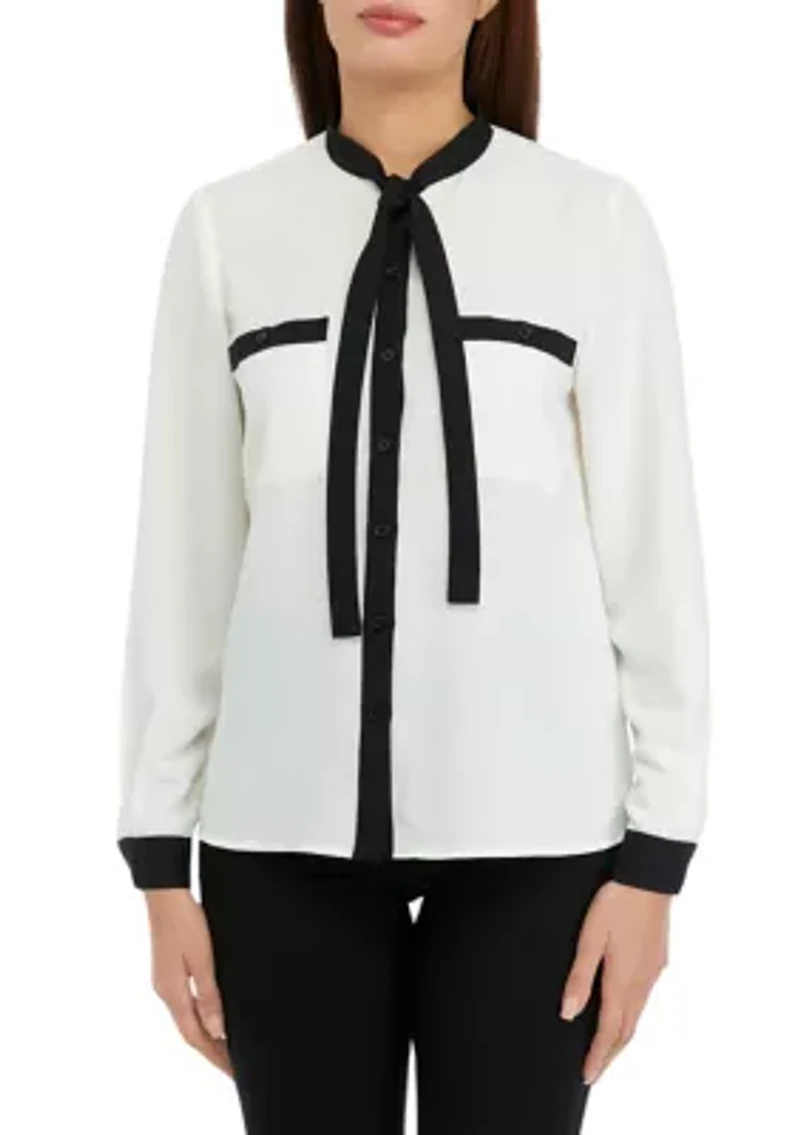 Women's Long Sleeve Tie Neck Blouse