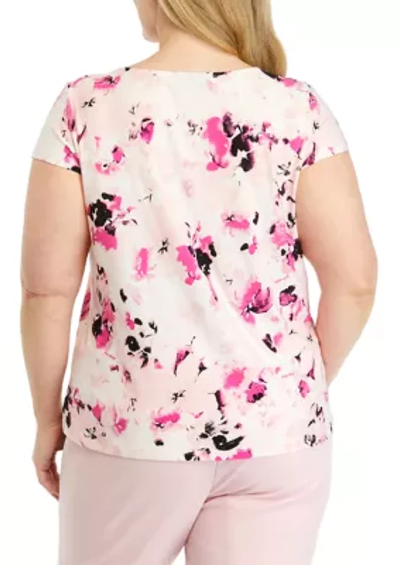 Plus Cap Sleeve Cowl Neck Printed Top