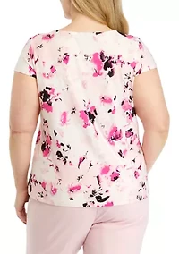 Plus Cap Sleeve Cowl Neck Printed Top