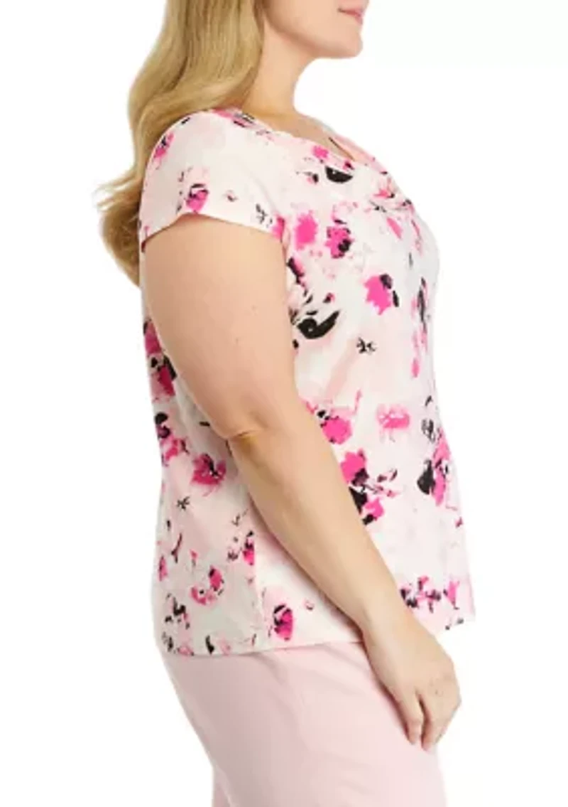 Plus Cap Sleeve Cowl Neck Printed Top