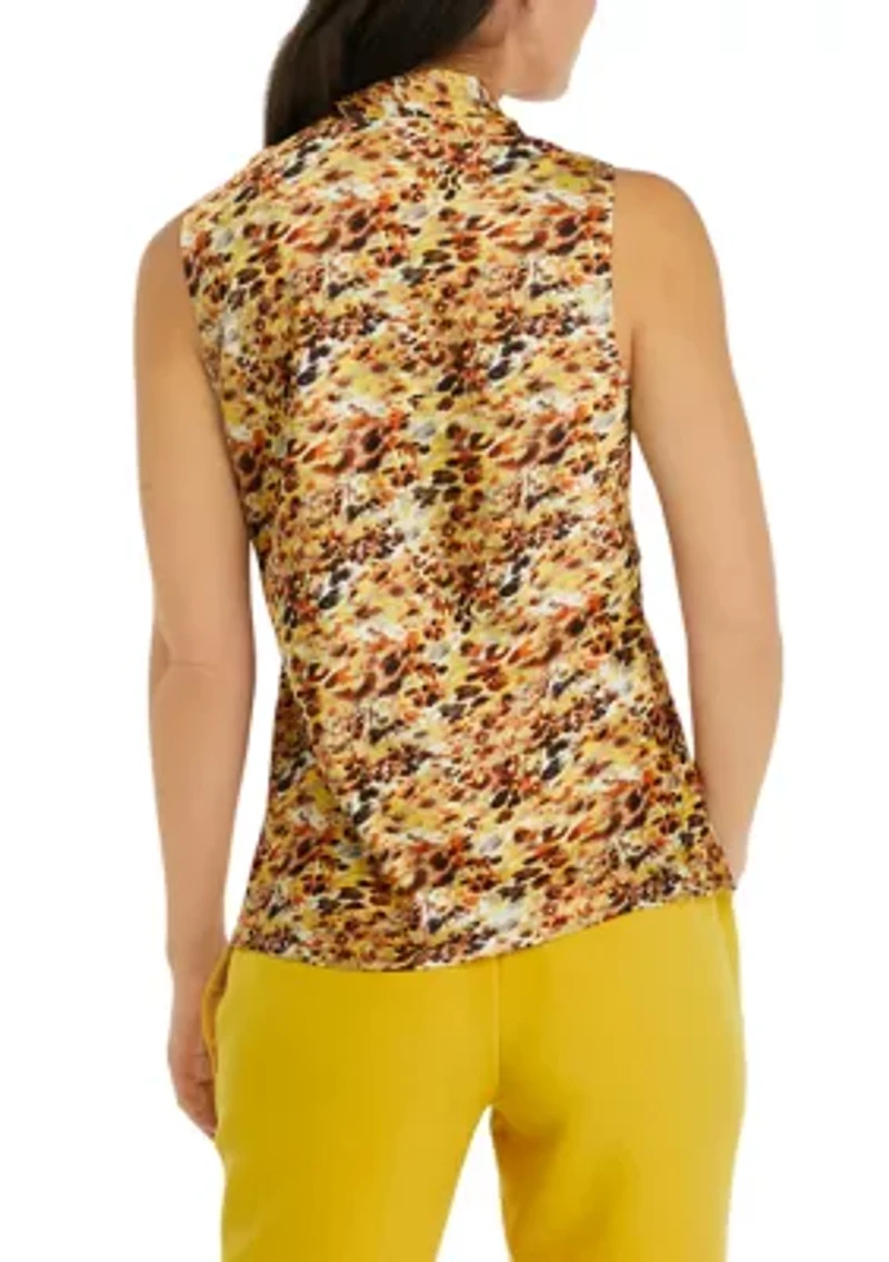 Women's Sleeveless Printed Tie Front Blouse