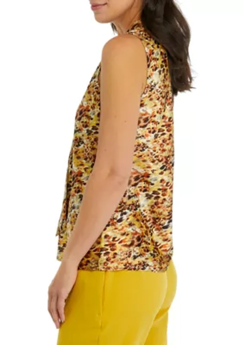Women's Sleeveless Printed Tie Front Blouse
