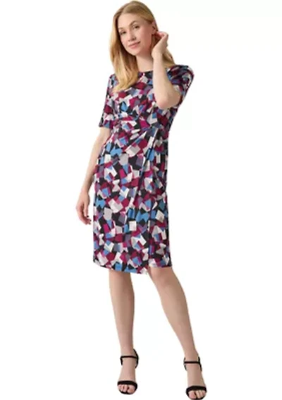 Women's Elbow Sleeve Printed Pleat Front Dress