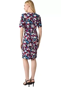 Women's Elbow Sleeve Printed Pleat Front Dress