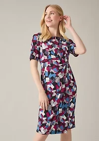 Women's Elbow Sleeve Printed Pleat Front Dress