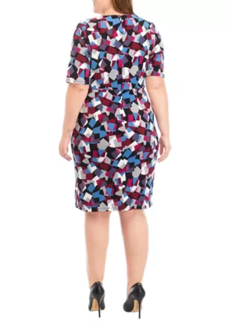 Plus Elbow Sleeve Printed Pleat Front Dress
