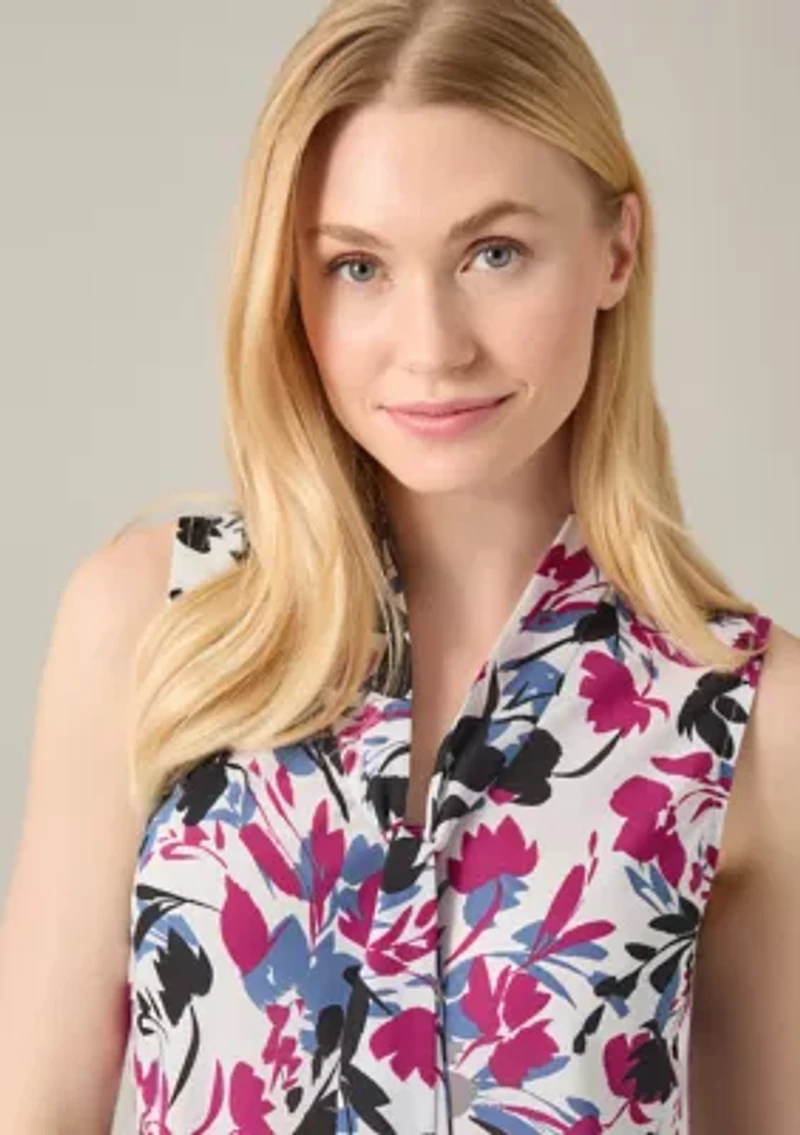 Petite Sleeveless Printed Tie Neck Blouse
