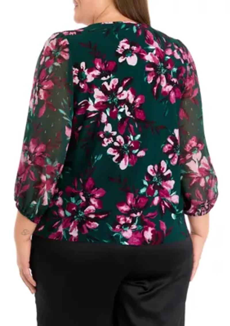 Plus Shirred Neck Blouson Sleeve Top
