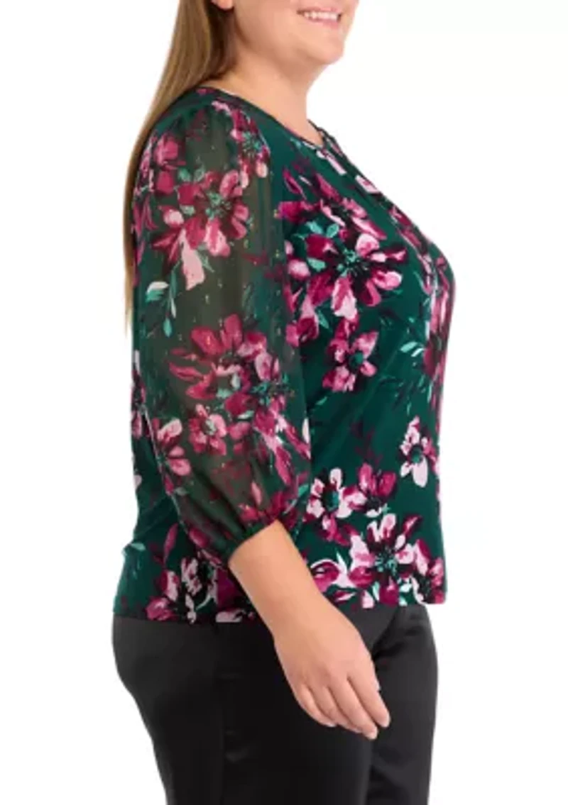 Plus Shirred Neck Blouson Sleeve Top