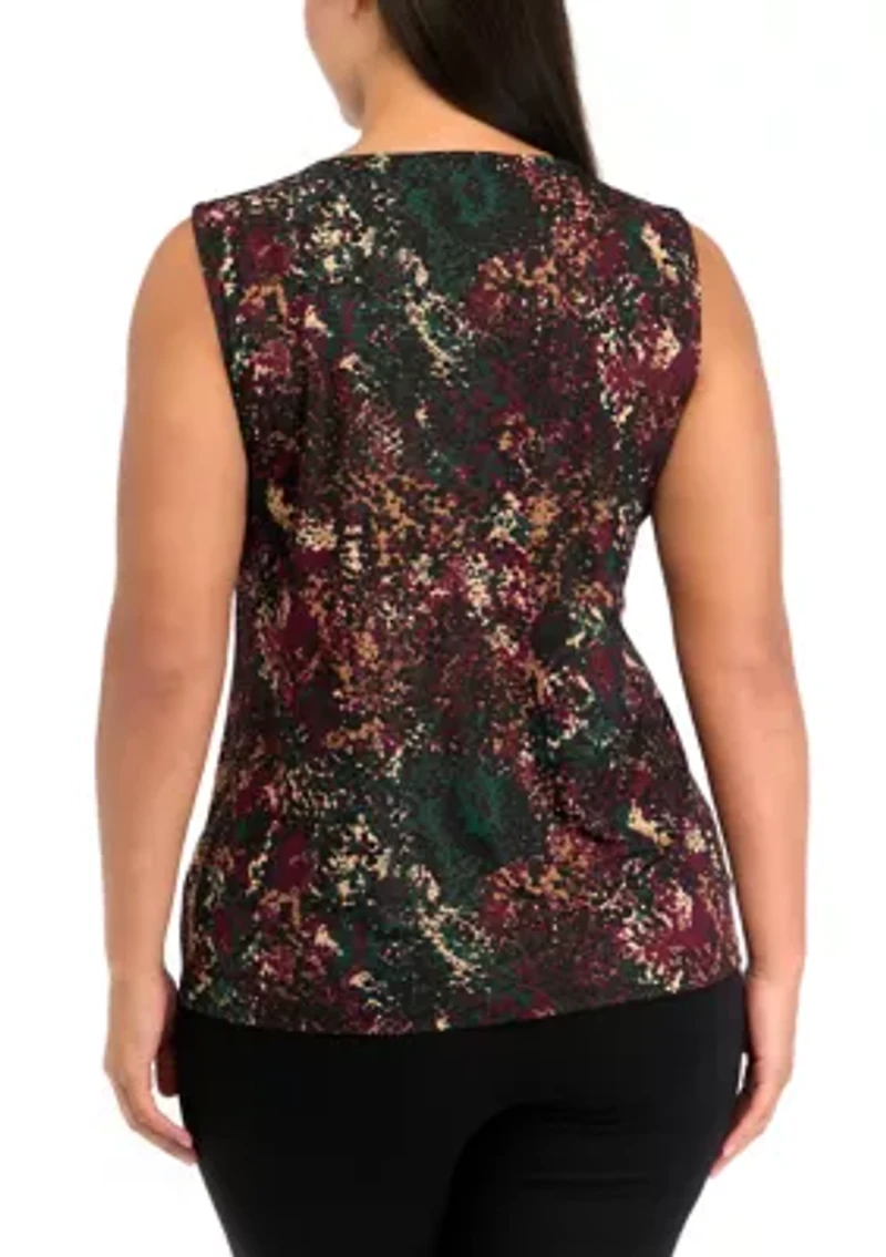 Plus Pleat Neck Printed Top