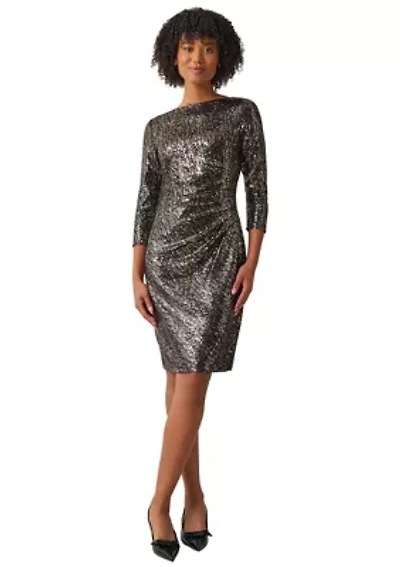 Petite Boat Neck Side Cinched Sequin Dress
