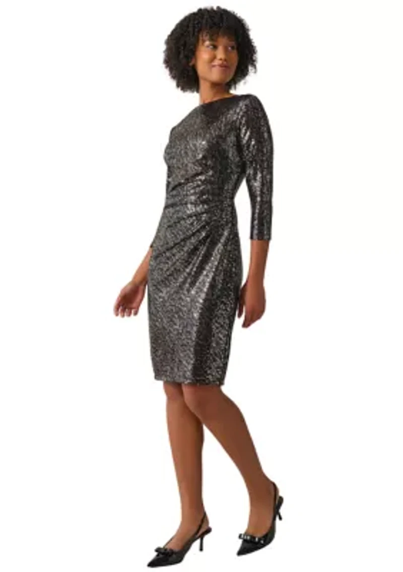 Petite Boat Neck Side Cinched Sequin Dress