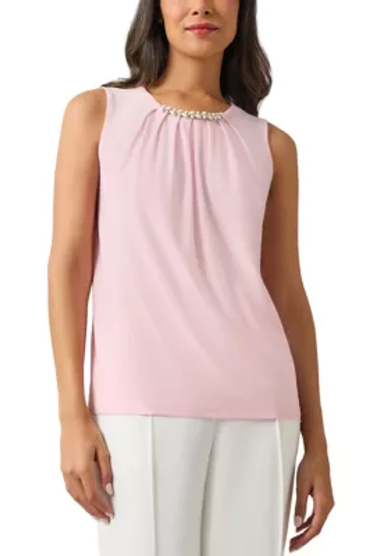 Women's Sleeveless Jeweled Pleat Neck Top