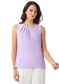 Women's Sleeveless Jeweled Pleat Neck Top