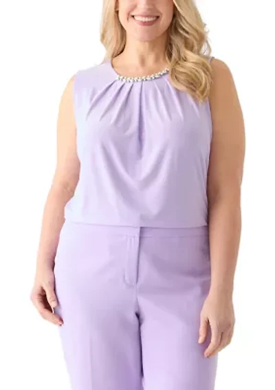 Plus Sleeveless Jeweled Pleat Neck  Top