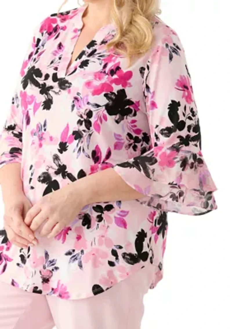 Plus Flutter Sleeve Split Neck Top