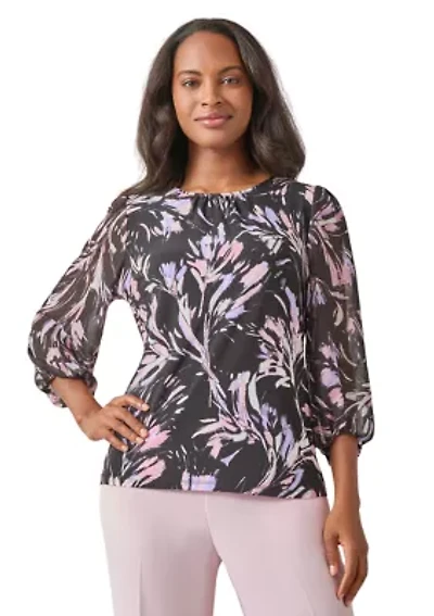 Petite Shirred Neck Blouson Sleeve Printed Top