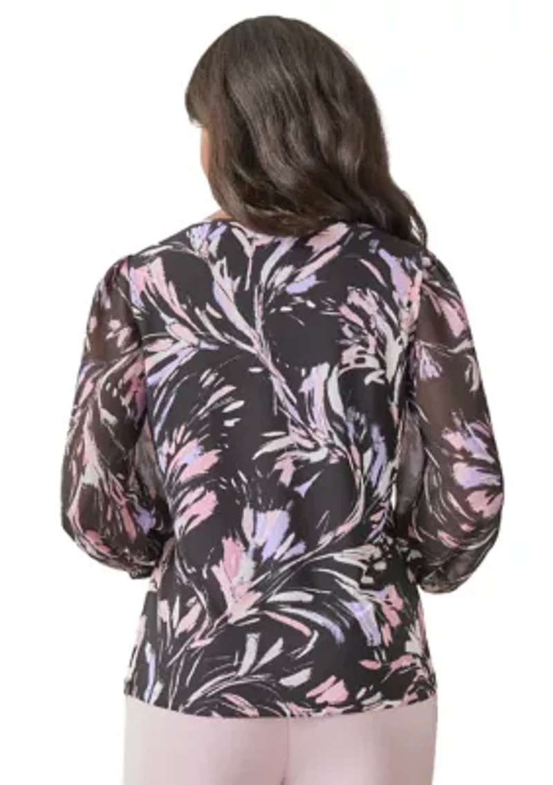 Petite Shirred Neck Blouson Sleeve Printed Top