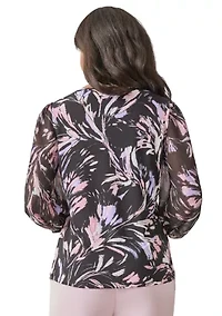 Petite Shirred Neck Blouson Sleeve Printed Top