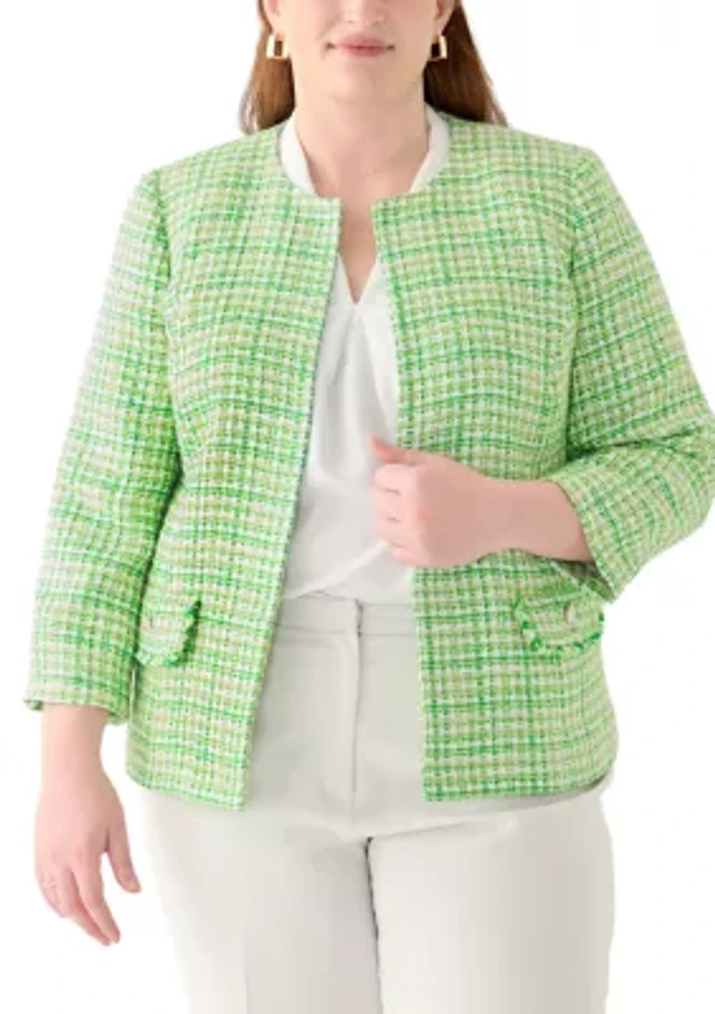 Plus Tweed Open Jacket with Fringe Pockets