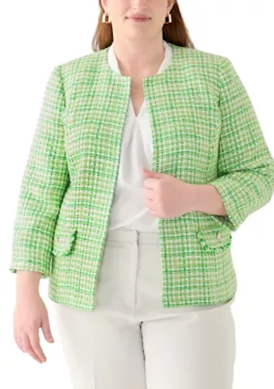 Plus Tweed Open Jacket with Fringe Pockets