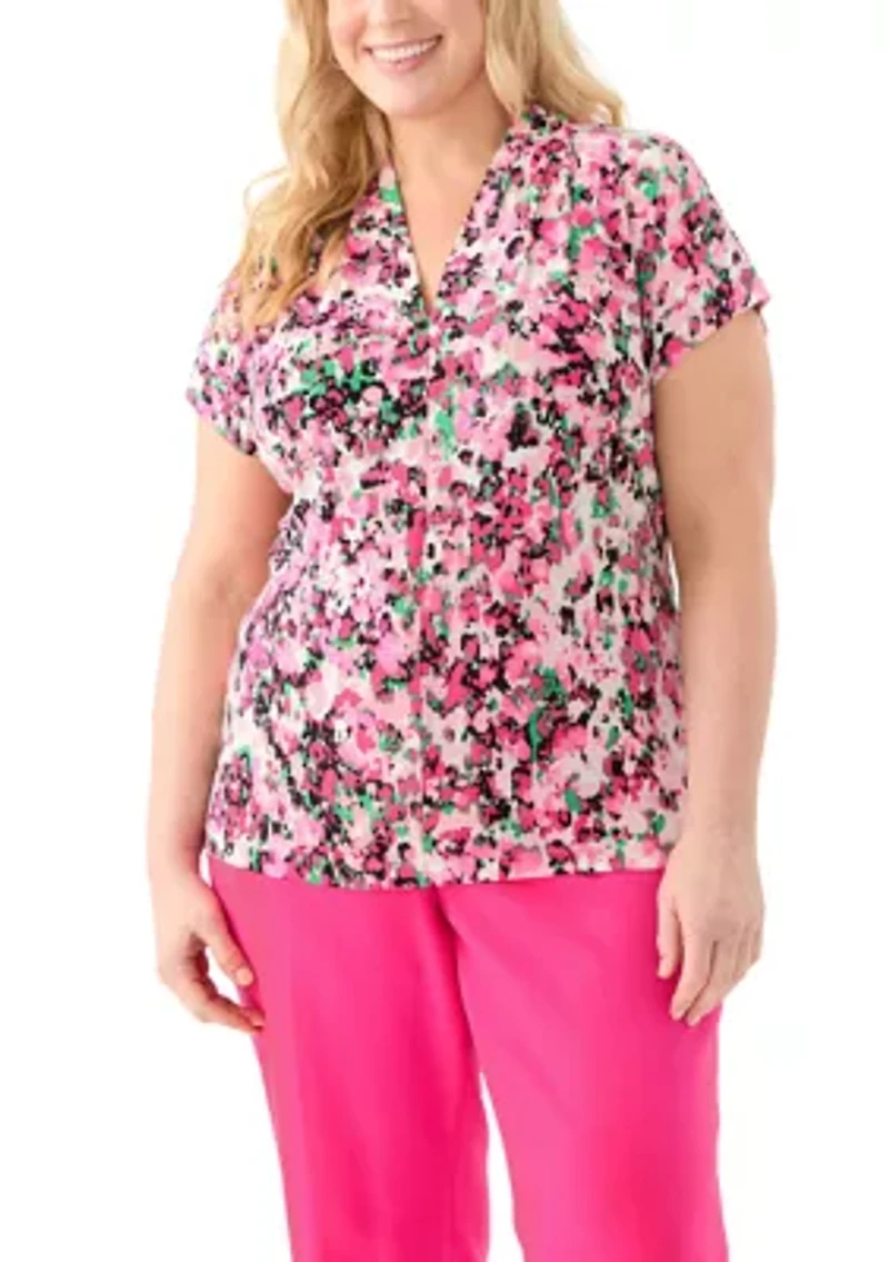 Plus Multi Print V-Neck Knit Top
