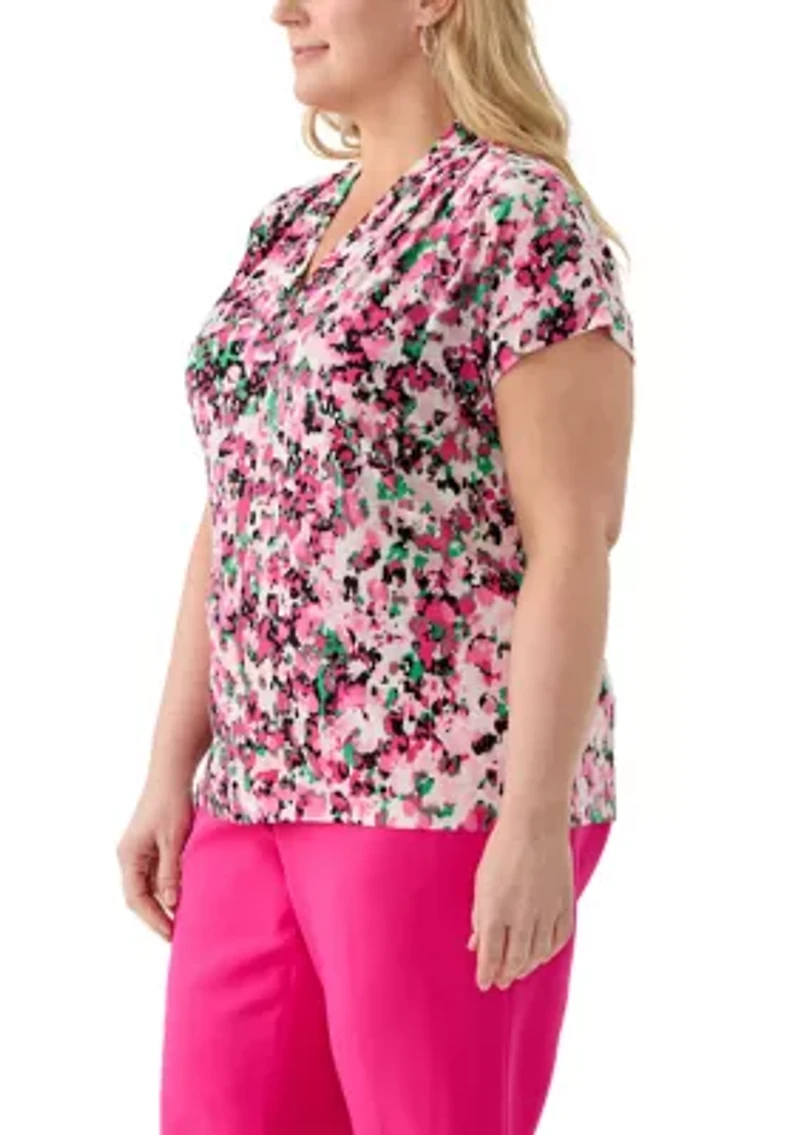 Plus Multi Print V-Neck Knit Top
