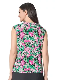 Women's Floral Printed Cap Sleeve Keyhole Neck Knit Top