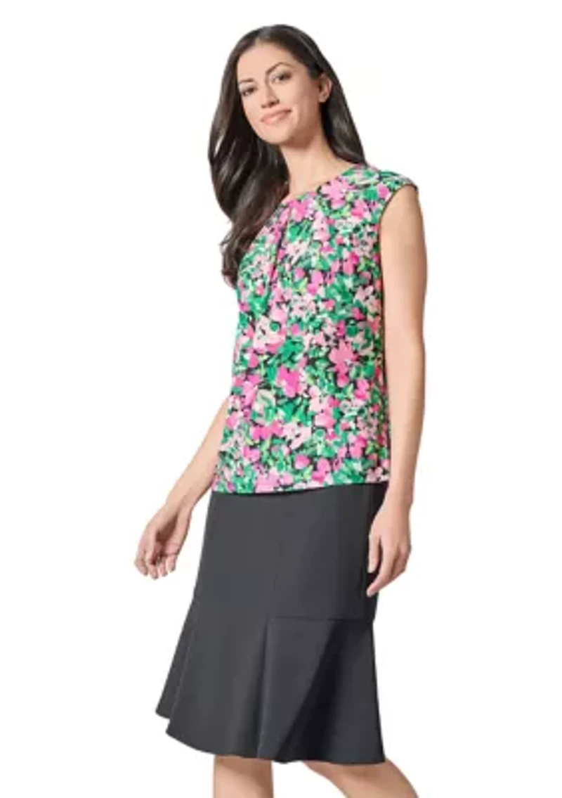 Women's Floral Printed Cap Sleeve Keyhole Neck Knit Top