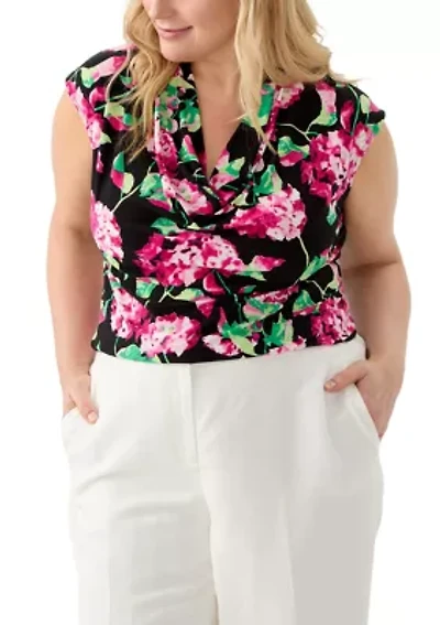 Plus Hydrangea Print Cowl Neck Knit Top