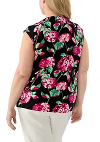 Plus Hydrangea Print Cowl Neck Knit Top