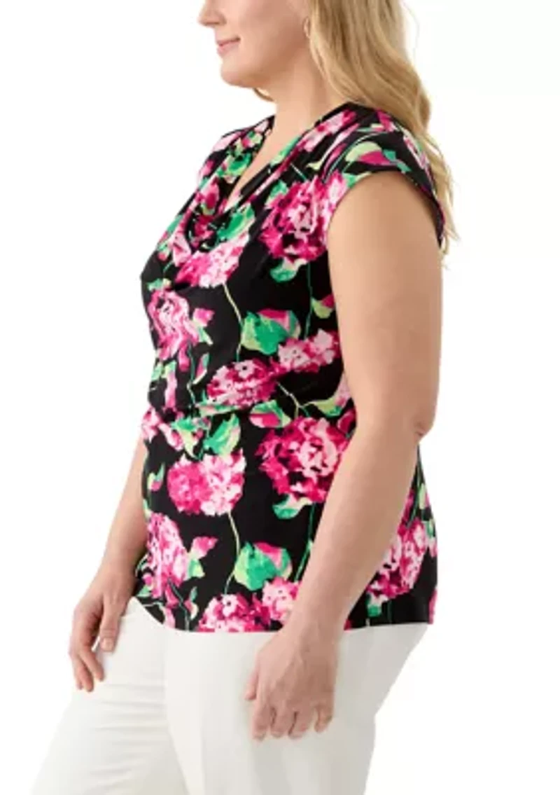 Plus Hydrangea Print Cowl Neck Knit Top