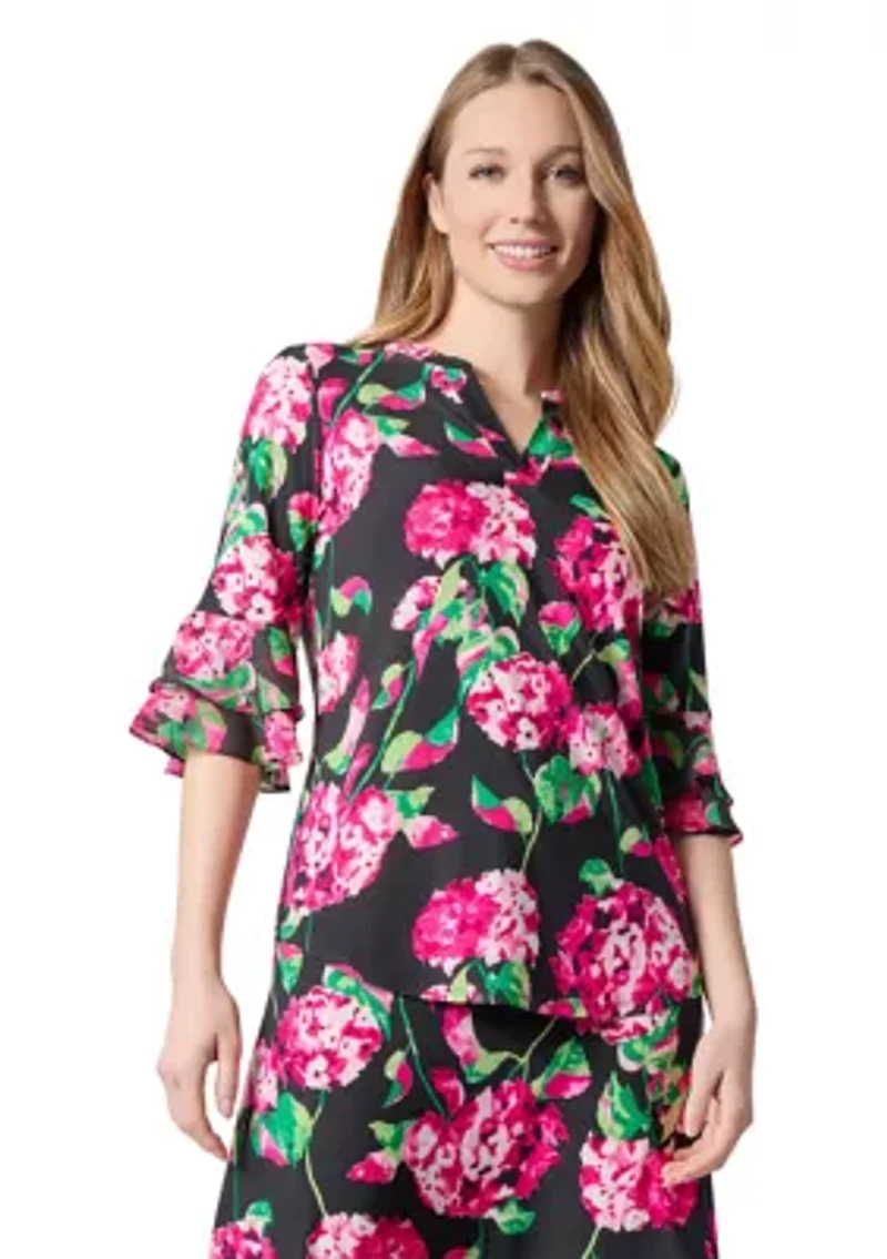 Petite Hydrangea Print Flutter Sleeve Knit Top