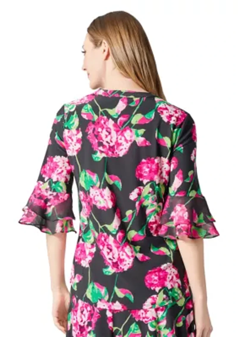 Petite Hydrangea Print Flutter Sleeve Knit Top