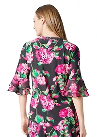 Petite Hydrangea Print Flutter Sleeve Knit Top